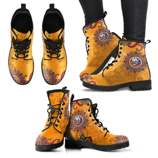 Golden Peace Hand Crafted Awesome Logo New York Islanders Leather Boots