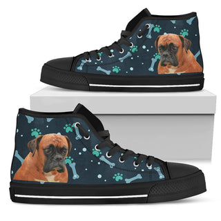 Bone Heart Pattern Boxer Dog Navy High Top Shoes