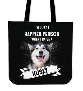 Husky - I'm Just A Happier Person Tote Bags