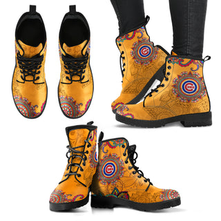 Golden Peace Hand Crafted Awesome Logo Chicago Cubs Leather Boots