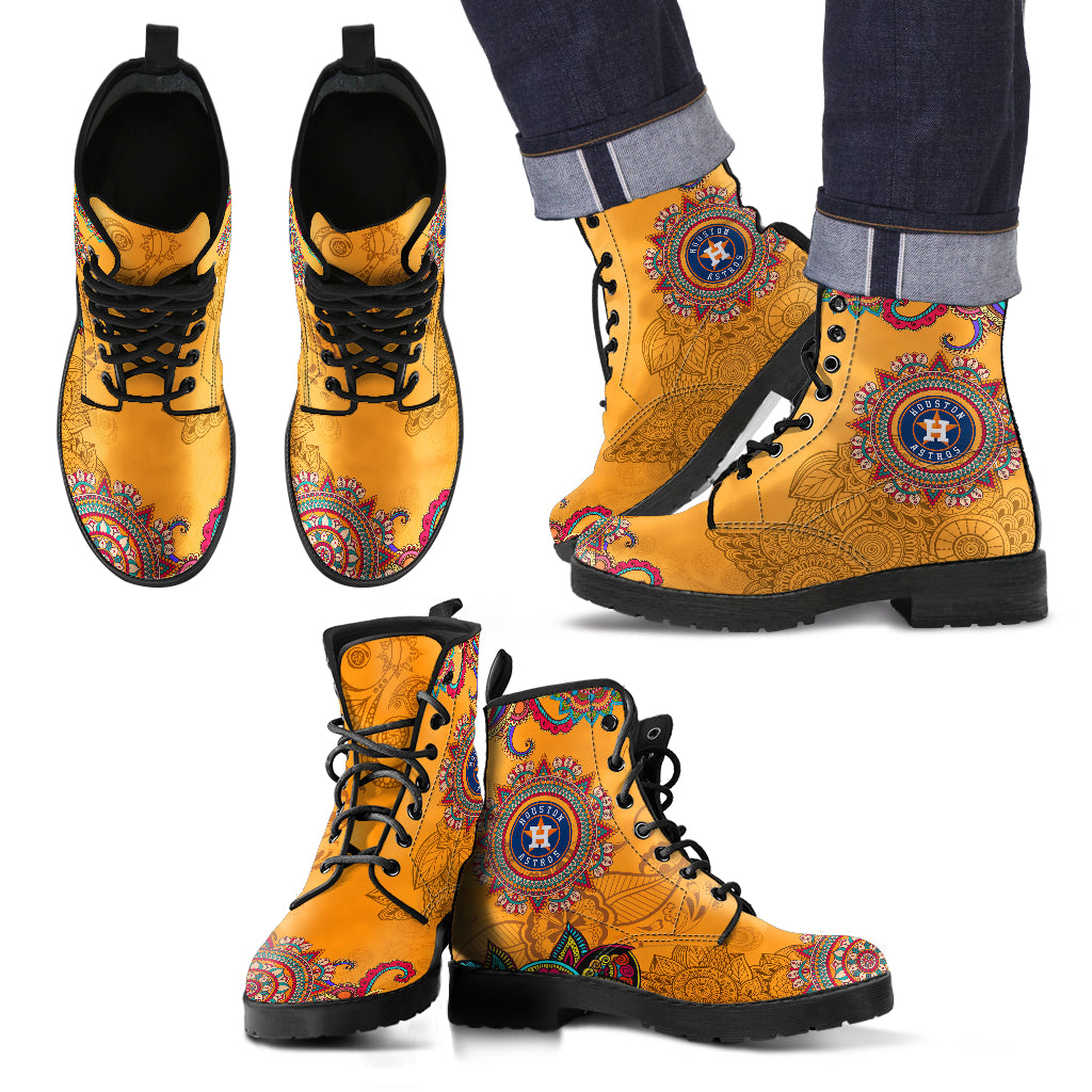 Golden Peace Hand Crafted Awesome Logo Houston Astros Leather Boots
