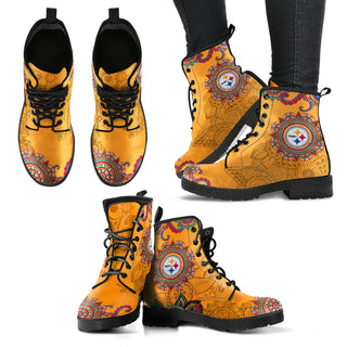 Golden Peace Hand Crafted Awesome Logo Pittsburgh Steelers Leather Boots