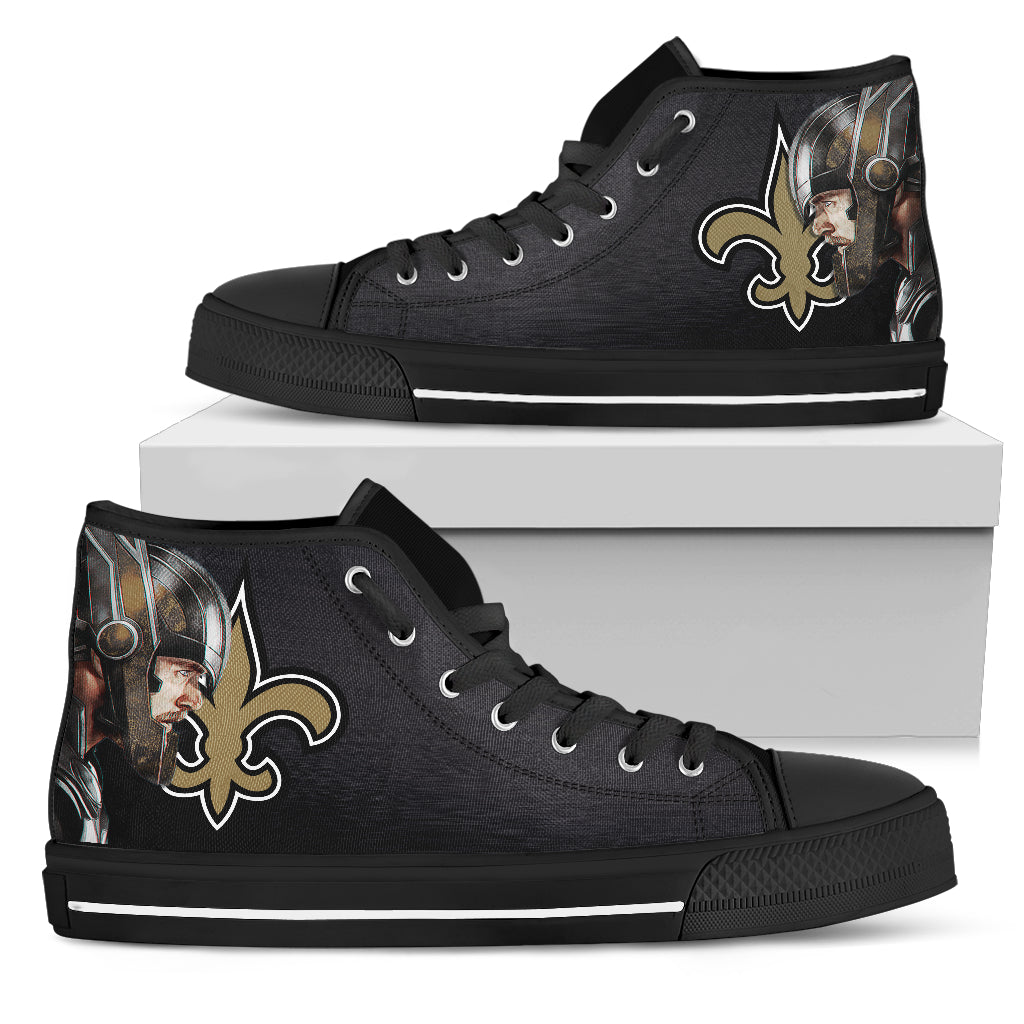 Thor Head Beside New Orleans Saints High Top Shoes