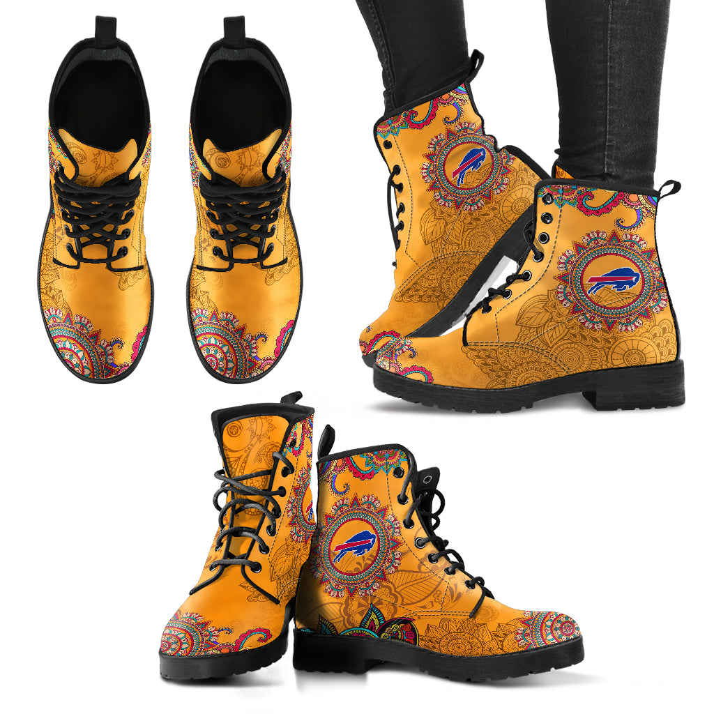 Golden Peace Hand Crafted Awesome Logo Buffalo Bills Leather Boots